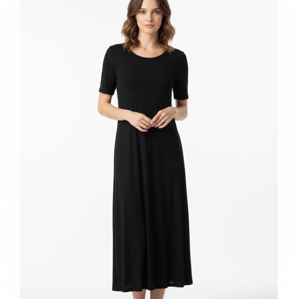 JBS Petite Maxi Dress Large PL Black Jersey Knit Short Sleeve Boho Minimalist